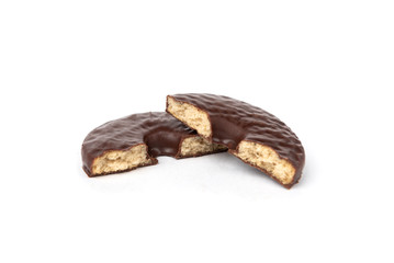 Shortbread cookies in chocolate glaze isolated on white background.