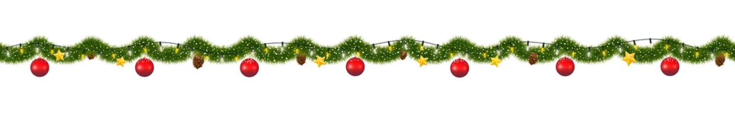 Deurstickers Christmas garland with lights. Seamless New Year tinsel with snow © o_a
