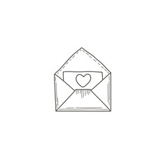 Opened envelope with letter inside. doodle icon. Heart illustration