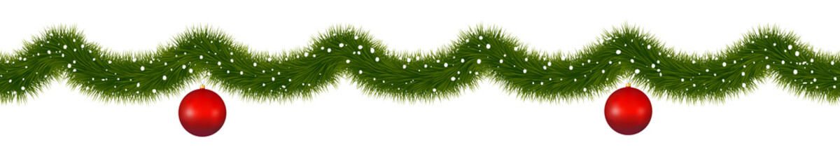 Covered with snow Christmas garland with red New Year balls.