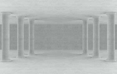 3d rendering. High roman style pole rows in empty cement room background.