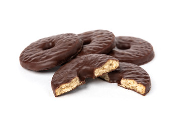 Shortbread cookies in chocolate glaze isolated on white background.