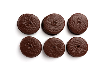 Chocolate cookies isolated on white background. Chocolate pie.