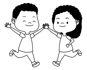 Cute happy kids having fun cartoons in black and white