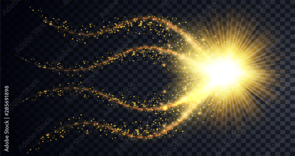 Poster golden particles wave. sparkle stardust. \n vector glittery twirl with shiny christmas confetti on p