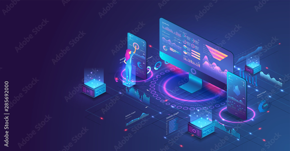 Poster The woman interacting with the statistical analysis and diagram. Data analysis in isometric vector design. Network mainframe infrastructure website layout. Data visualization concept. Trends 3D vector