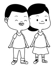 Cute happy kids having fun cartoons in black and white