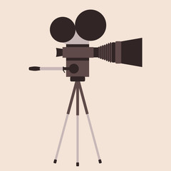 Vintage movie camera on a tripod. Beige background. Cinematography, filmmaking, shooting, concept. Old movie camera icon. Retro cinema. Movie industry concept. Vector illustration, flat style. 