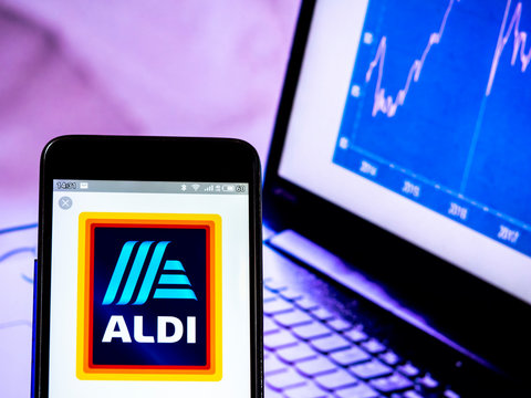 Kiev, Ukraine,  April 8, 2019, illustrative editorial. In this photo illustration an Aldi logo seen displayed on a smart phone