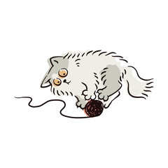 Cute light grey cat playing with yarn ball