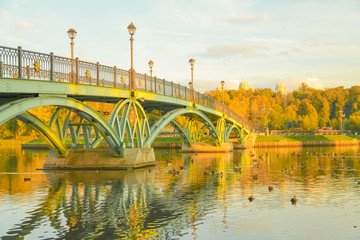 Fototapeta na wymiar A bridge leads to the autumn foliage in the city park