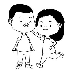 Cute happy kids having fun cartoons in black and white