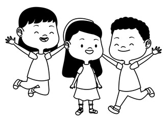 Cute happy kids having fun in black and white