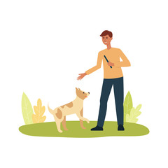 Happy man playing with the dog pet flat cartoon vector illustration isolated.