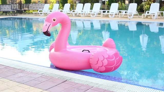 Flamingo pool float in blue water background, inflatable swim tube. Pool party, summer holidays, beach vacation. Fantasy swim ring for summer pool trip