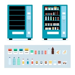 Cartoon full and empty vending machine set - isolated snack food items