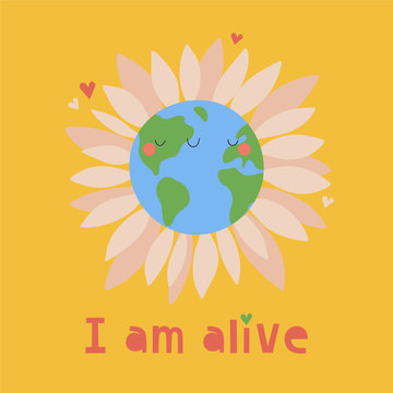 Planet Earth - cute vector illustration. Blue planet with Sunflower petals. Cartoon Happy Earth Day background.