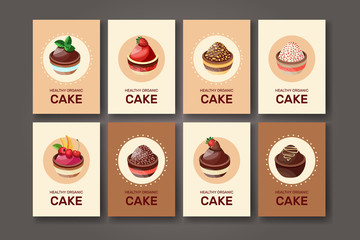 Templates with different kinds of dessert: cake, pie. For your design, announcements, postcards, posters, restaurant menu. Template with different desserts with fruits. Vector.