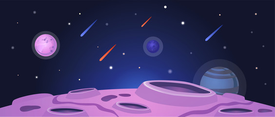 Cartoon space banner with purple planet surface with craters on night galaxy sky