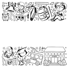 Back to School. Vector pattern with icons and children.