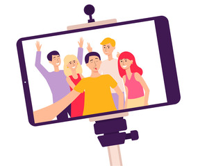 Mobile phone screen on a selfie stick with photo flat vector illustration isolated.