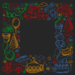 Baby toy set. Vector flat style cartoon illustration. Wooden and plastic toys, fun and activity. Kindergarten, nursery.