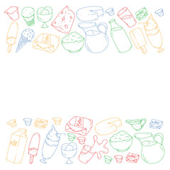 Vector pattern with icons of milk, butter,cottage cheese, sour cream, cheese, yogurt, ice cream, cream. Collection of dairy products.