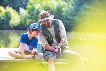 Father and son fishing in Lake while sitting on pier