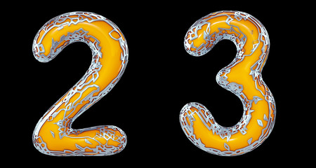 Number set 2, 3 made of realistic 3d render silver shining metallic. Collection of silver shining metallic with yellow color plastic symbol