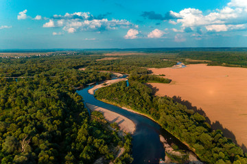 Summer rural landscape, aerial view,Forest and river from drone flight.