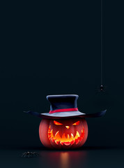 Evil Jack o lantern with black hat on black Halloween background 3D Rendering