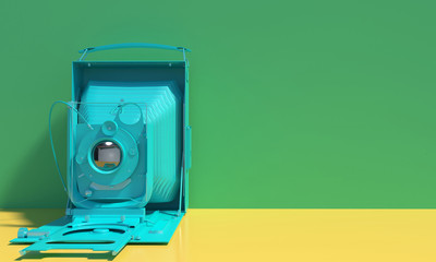 Old retro camera in monochrome turquoise color isolated on green and yellow background. Creative conceptual illustration in cartoon style with copy space. 3D rendering in pastel colors.