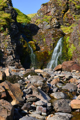 Long exposure photo of waterfall, view of the small waterfall in Iceland, Europe.