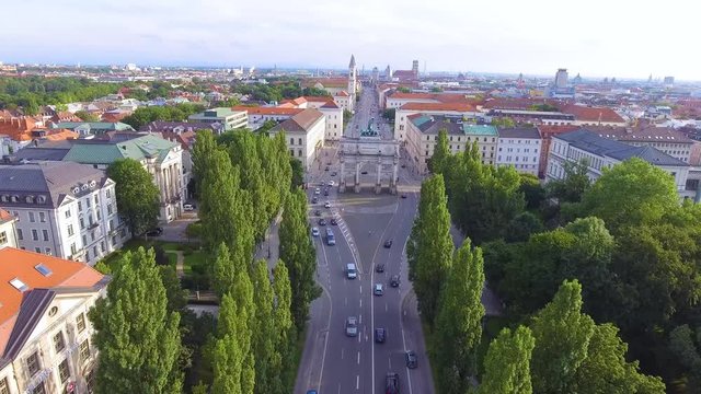 Very good aerial over the Siegestor Victory Arch in Munich, Bavaria, Germany.