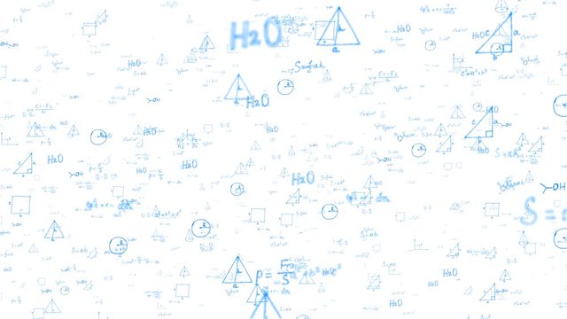 Video suitable for Back to School. Looped background with mathematical and physical formulas in white color.