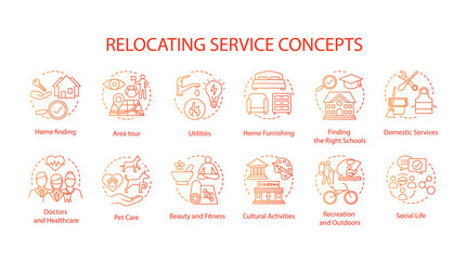 Moving house services concept icons set. Relocation, changing dwelling place idea thin line illustration. Living conditions, social life organization. Vector isolated outline drawing. Editable stroke