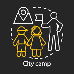 City camp chalk concept icon. Summer urban children club, holiday pastime idea. Exploring town, visiting city landmarks. Preschool road trip. Vector isolated chalkboard illustration