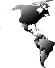 Map of American continent split into individual countries. Gradual coloring from white to black creating a 3D effect.