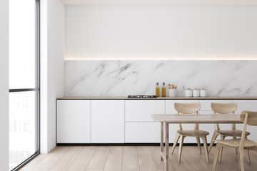 Marble and white kitchen, counters and table - obrazy, fototapety, plakaty