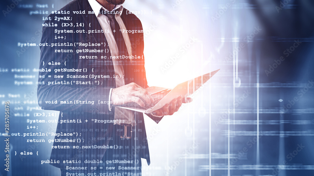 Poster man with laptop and lines of code
