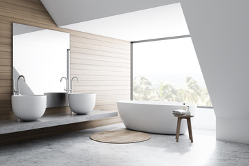 Obraz na płótnie Canvas Corner of white and wooden bathroom, big sink