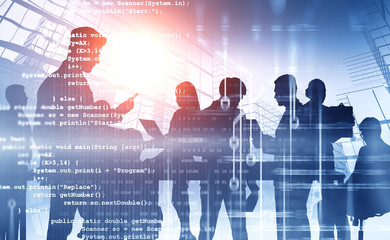 Business people in city, lines of code