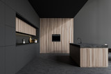 Gray and wooden kitchen with island