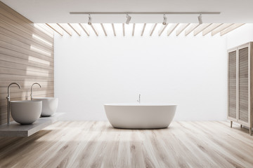 Fototapeta na wymiar White and wood bathroom with sink and tub
