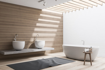Naklejka na ściany i meble Wooden and white bathroom corner, sink and tub