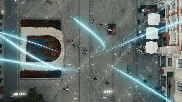 Visualization of Information Global Network. Technology Connecting Lines Flows into Digital Communication Space Flying from Mobile Phone. Young Man Uses Smartphone in the Big City. Aerial Drone Shot