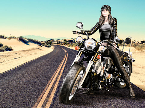 Attractive Biker Girl Sits On Her Motorcycle In The Desert