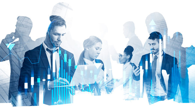 Diverse business team in city, forex graphs