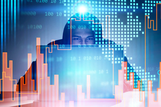 Young hacker, world map and graphs