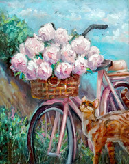 Oil painting on canvas. Bouquet of peonies in a bicycle basket on a background of the summer sky. Marble cat admires flowers. Modern art. Daytime landscape.Original impressionism oil picture © LanaSham